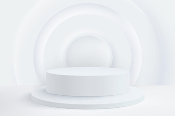 White cylinder podium and round neumorphic shapes on background. Minimal scene for product display presentation