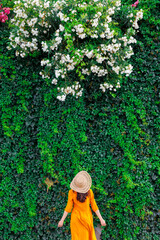 young girl in a hat and yellow dress stands against a wall with green bushes.