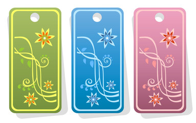 Three ornate price tags with flowers isolated on  a white background.