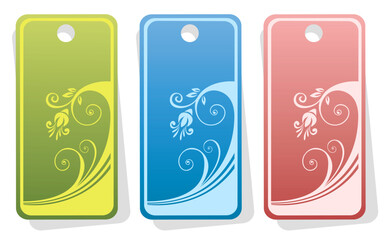 Three ornate price tags with floral pattern isolated on  a white background.