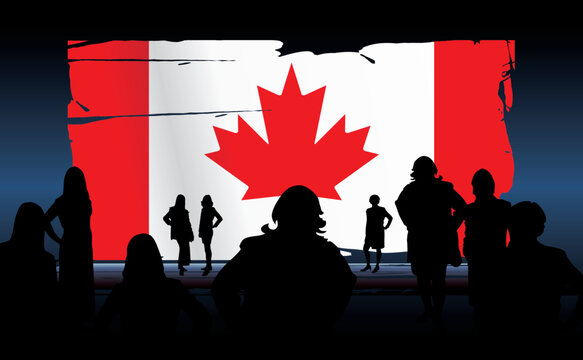 silhouettes of people in front of an canadian flag