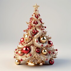 Christmas tree decorated in red and gold.white backgrou 