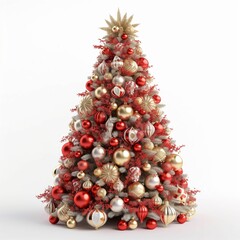 Christmas tree decorated in red and gold ,white background
