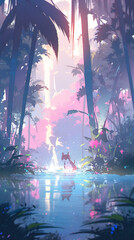 Obraz na płótnie Canvas Stylish Adorable Weasel In Pastel Tropical Rain Jungle Blended With Psychedelic Splashes Generative Ai Digital Illustration