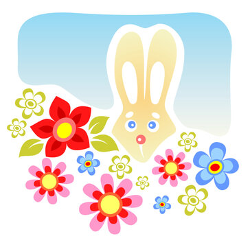 Cartoon rabbit with flowers on a blue background.