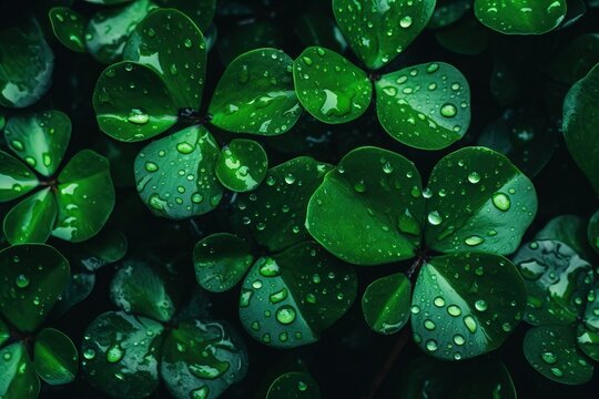 Close Up Aerial View Of A Patch Of Green Clovers With Wet Water Dew Drops.