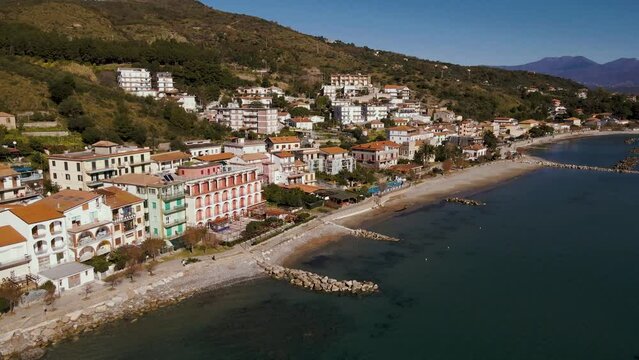 Aerial View of Pioppi, small marine town home of Ancel Keys' Mediterranean diet on Cilento Coast, Salerno, Campania, Italy