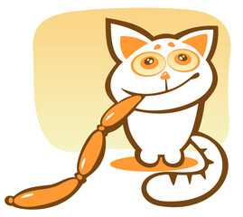 Cartoon happy cat with sausages on a yellow background.