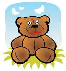 Obraz na płótnie Canvas Cartoon toy bear and butterflies on a blue sky background.
