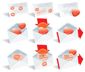 Love mail, vector icon set, envelope, hearts and lipstick print