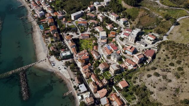 Aerial View of Pioppi, small marine town home of Ancel Keys' Mediterranean diet on Cilento Coast, Salerno, Campania, Italy