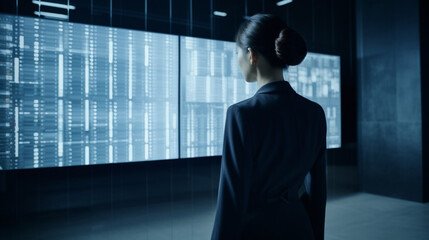 Fototapeta na wymiar From the Back View of a Businesswoman in a Futuristic Setting, Engaged with a Large Screen, Created with Generative AI