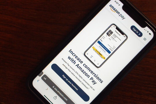 Vancouver, CANADA - May 23 2023 : Amazon Pay website seen in an iPhone screen. Amazon Pay is an Amazon-owned online payments service for various related shopping websites.