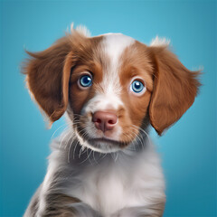 adorable puppy on blue background, ai generated