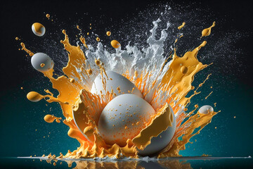 Eggs explosion with splash and wave concept art. Detailed, creative art colorful ink splash concept. Made with Generative AI