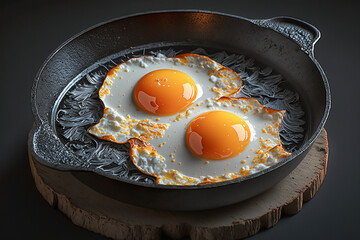 Classic sunny side up eggs on a flying pan (skillet). Rustic homemade food, simple English breakfast, traditional breakfast meal concept. Made with Generative AI