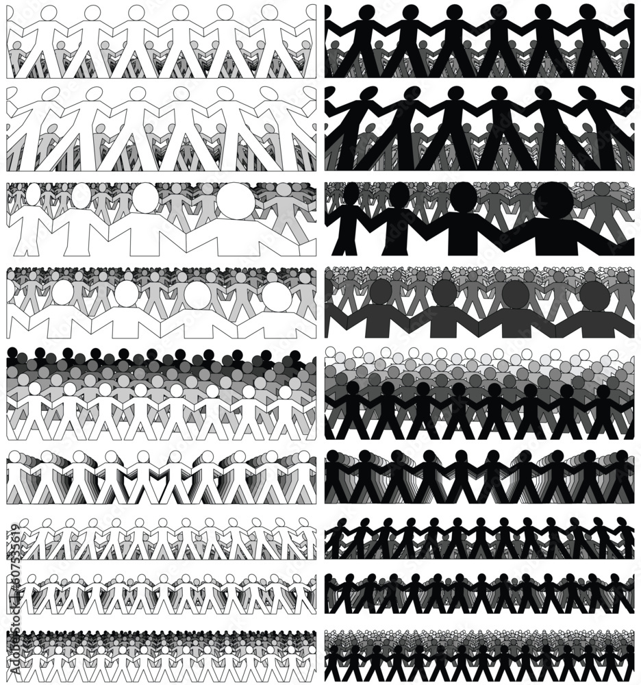 Poster set of editable vector foregrounds of papermen crowds