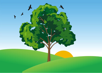 vector illustration of tree in green valley