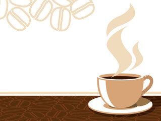Coffee cup with aroma steam on a background with coffee beans.