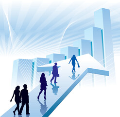 People are walking on a direction sign, conceptual business illustration.