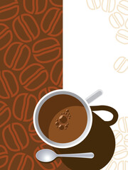 Coffee cup on a brown background with coffee beans.