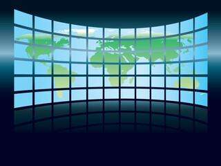 World map in a large display on a dark background, conceptual business illustration. The base map is from Central Intelligence Agency Web site.