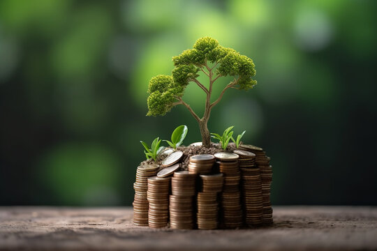 ESG Concept Of Environmental, Social, And Governance.ESG Small Tree On Stack Coins Idea For Esg Investment Sustainable Organizational Development. Account The Environment. High Quality Generative AI