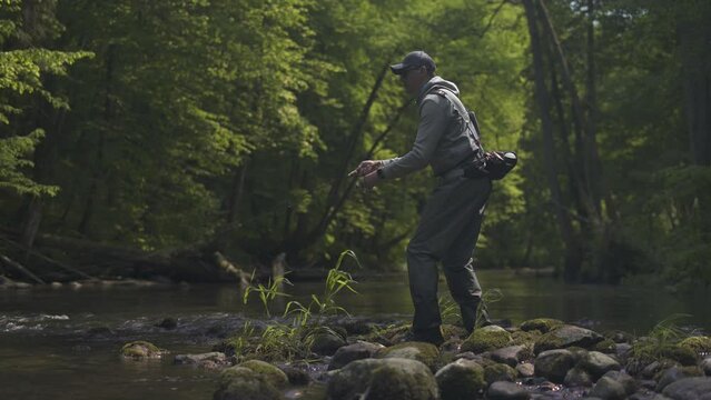 Fisherman catching brown trout on spinning tackle standing in river.
