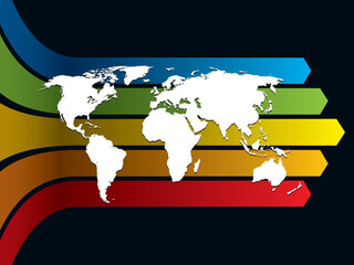 White world map on a rainbow background, conceptual business illustration. The base map is from Central Intelligence Agency Web site.