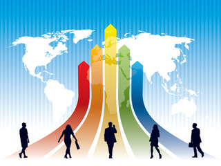 World rat race on a rainbow, a map in the background, conceptual business illustration. The base map is from Central Intelligence Agency Web site. - obrazy, fototapety, plakaty