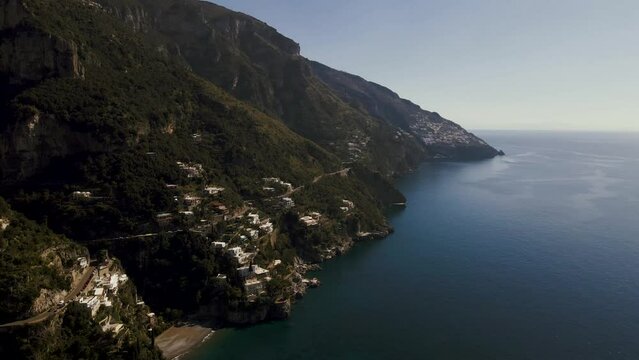 Aerial view of Positano, pearl of the Amalfi coast, a destination for exclusive luxury tourism, Salerno, Italy