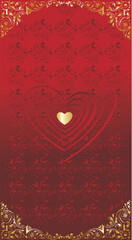 Red silhouettes of hearts with a heart of gold in the centre on the ornated background