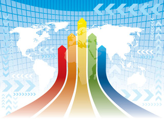 Multicolored arrows on an abstract blue background with white world map, conceptual business illustration. The base map is from Central Intelligence Agency Web site. - obrazy, fototapety, plakaty