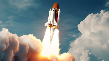 photo realistic An image illustrating a rocket blasting to sky. Generative AI