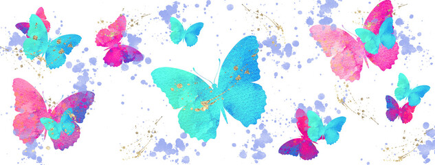 Fototapeta na wymiar Watercolor festive butterflies horizontal illustration. Wedding, Holiday, Baby Shower, Birthday template.