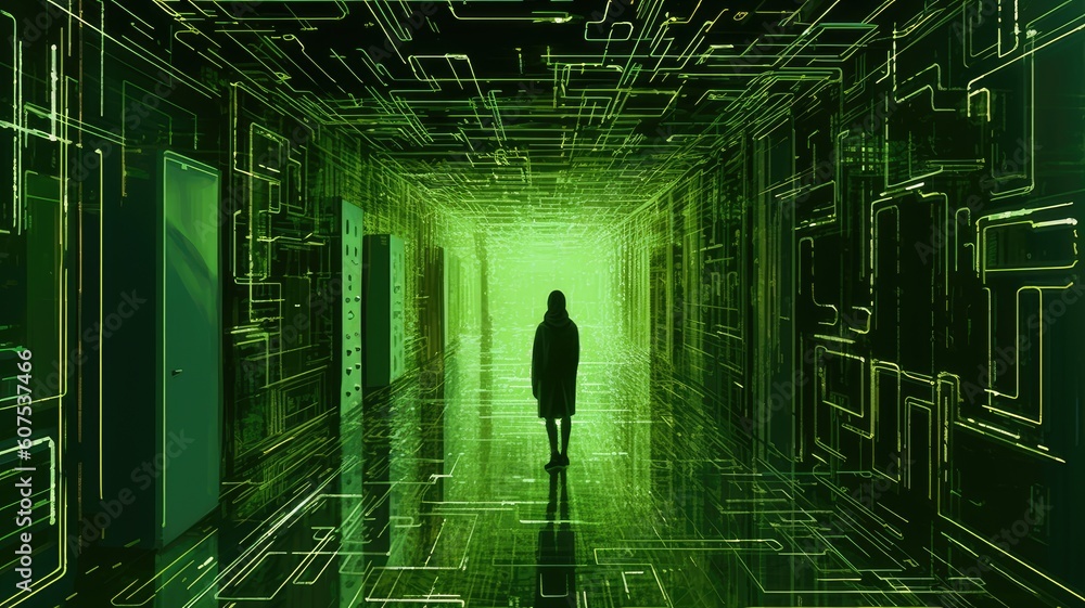 Poster a human inside a hallway with green computer light. generative ai