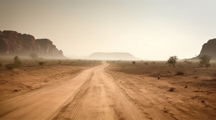 Fototapeta na wymiar Landscape view of dusty road going far away nowhere, generative ai 