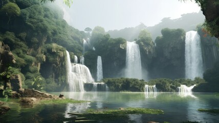 the waterfalls are surrounded by green trees. Generative AI