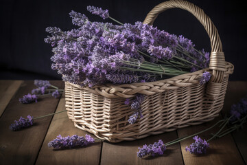 Fototapeta na wymiar Lavender Blooms in a Woven Basket on a Wooden Table, generative ai 