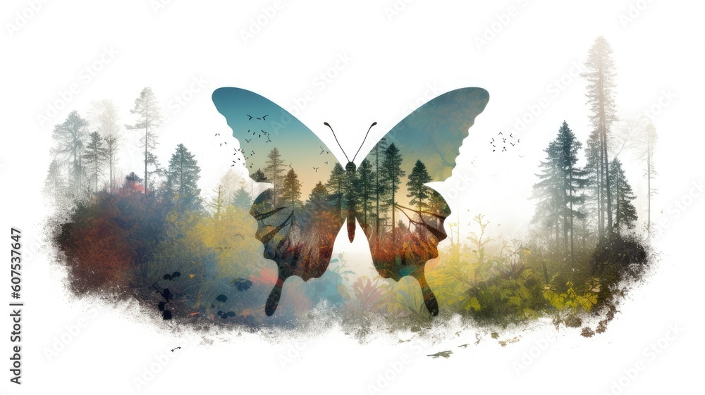 Poster double exposure image of a butterfly silhouette embed with forest. generative ai