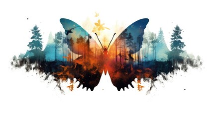 double exposure image of a butterfly silhouette embed with forest. Generative AI