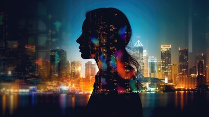 double exposure image of businesswoman face silhouette with building. Generative AI