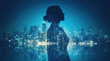 double exposure image of businesswoman silhouette with building. Generative AI