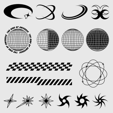 Streetwear and y2k retro elements. Abstract shapes and symbols for futuristic design, globe elements for posters and streetwear fashion design vector set,