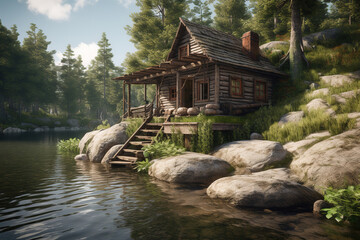 small cabin sitting on a dock next to a body of water, generative ai 