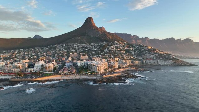 Aerial view of Atlantic Seaboard sunset with Lion&rsquo;s Head Mountain, Bantry Bay and Sea Point from Atlantic Ocean, Cape Town, South Africa.
