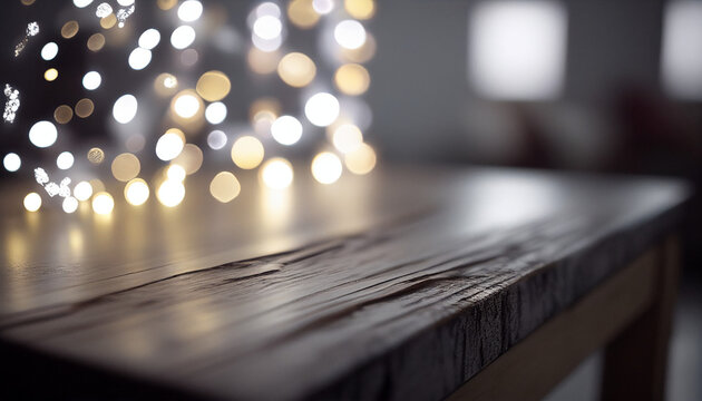 Brown wooden table, beautiful isolated focused table, with good looking defocused light spots and light position. A nive podium for product presentation. AI generated.
