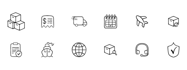 Collection of vector icons representing goods transportation. Delivery, shipping, logistics, truck, cargo, package, freight. Vector black set icon on a white background