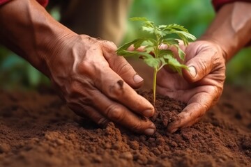 Fototapeta premium Human hands carefully plant tomato sprouts. Farming and planting concept. Generative AI