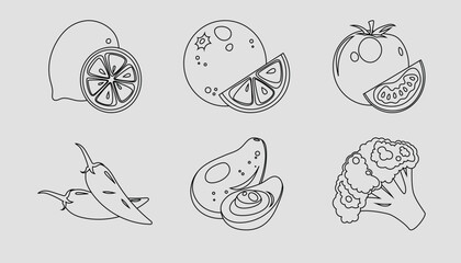 Set of vegetable icons. 6 pieces. Thin line. Vector on gray background